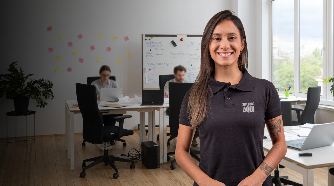 Profissional usando polo preta em um escritório